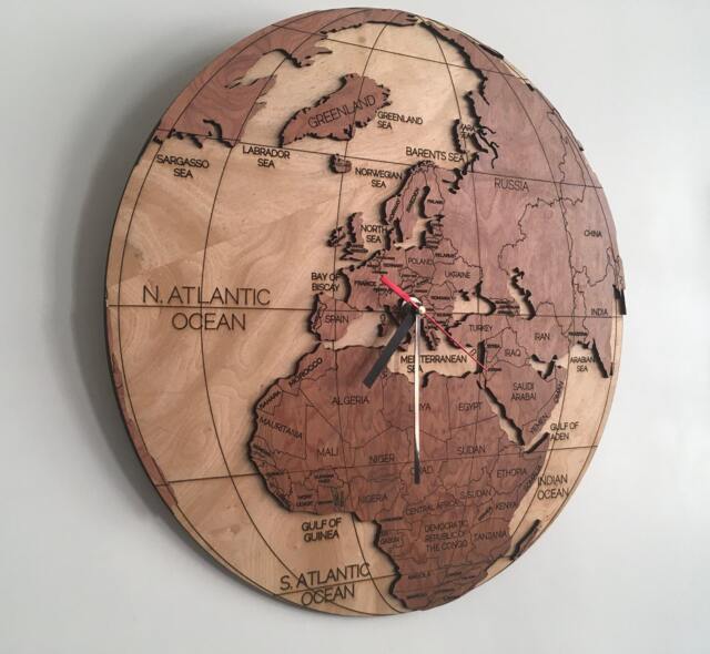 Wooden World Clock - Prime Meridian - World Map With Countries, Ocean Names, Extra Large Wall Art Clock, Wood Burning Art, Africa, Europe - image 1