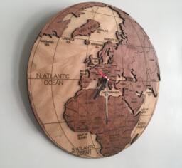 Wooden World Clock - Prime Meridian - World Map With Countries, Ocean Names, Extra Large Wall Art Clock, Wood Burning Art, Africa, Europe - thumbnail 1