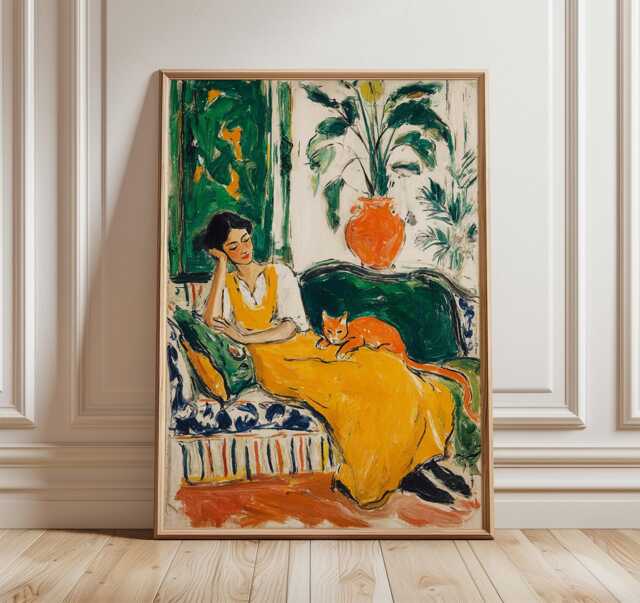 Woman & Cat, Green Interior Poster, Modern Impressionist Wall Art Print, Elegant Figurative Decor, Fine Abstract Painting - image 1