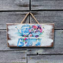 English Cottage Wooden Wall Plaque Teapot & Teacups Shabby Chic Decor - thumbnail 1