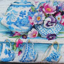 English Cottage Wooden Wall Plaque Teapot & Teacups Shabby Chic Decor - thumbnail 3