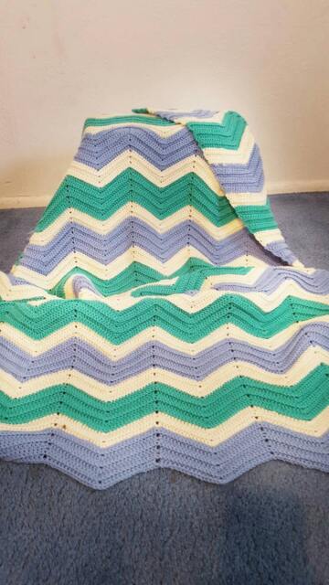 Blue Teal & White Crochet Blanket. Crochet Throw. Handmade Afghan. Chevron Wedding Gift - image 1