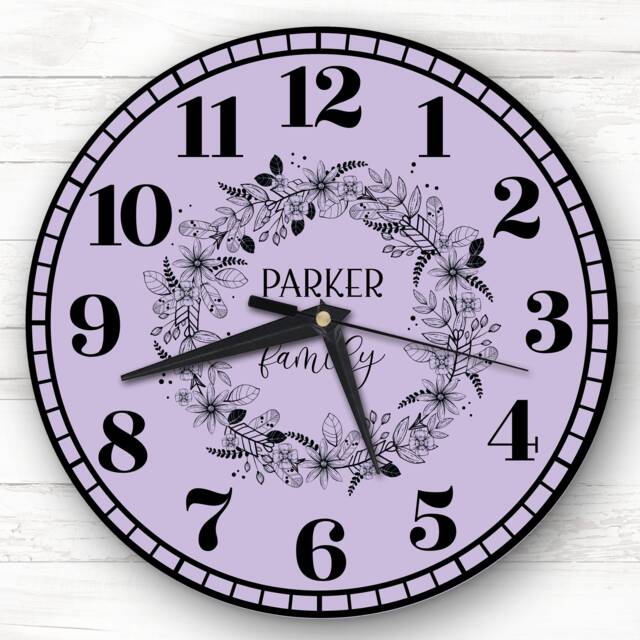 Lilac Black Floral Wreath Family Name Personalised Gift Clock - image 1