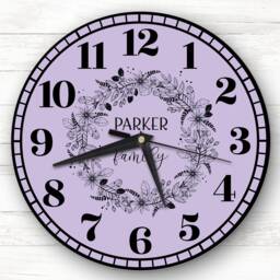 Lilac Black Floral Wreath Family Name Personalised Gift Clock