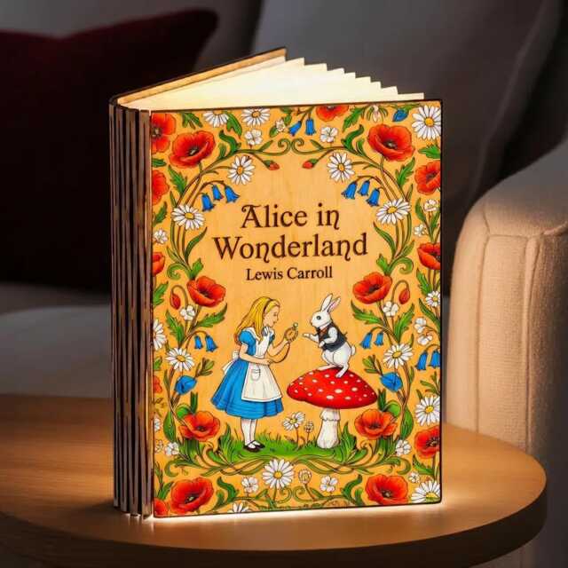 Alice in Wonderland Wooden Book Lamp, Lewis Carroll Classic Fairy Tale Night Light, Alice's Adventures White Rabbit Lamp Decor - image 1