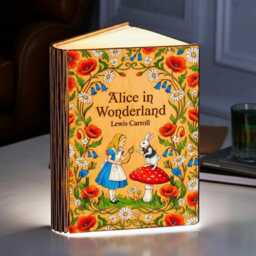 Alice in Wonderland Wooden Book Lamp, Lewis Carroll Classic Fairy Tale Night Light, Alice's Adventures White Rabbit Lamp Decor - thumbnail 2