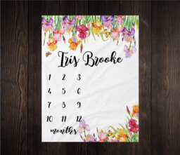 Girl Milestone Blanket Month Growth Tracker Minky Fleece Custom Personalized Baby Shower Gift Watercolor Floral Iris Newborn - thumbnail 1