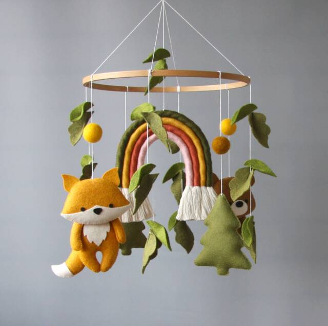 Woodland Baby Mobile With Fox, Bear & Rainbow - Forest Crib in Earth Tones Gender Neutral Nursery Decor Shower Gift - image 1