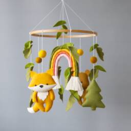 Woodland Baby Mobile With Fox, Bear & Rainbow - Forest Crib in Earth Tones Gender Neutral Nursery Decor Shower Gift - thumbnail 2