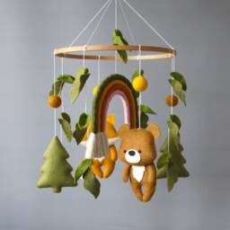 Woodland Baby Mobile With Fox, Bear & Rainbow - Forest Crib in Earth Tones Gender Neutral Nursery Decor Shower Gift - thumbnail 3