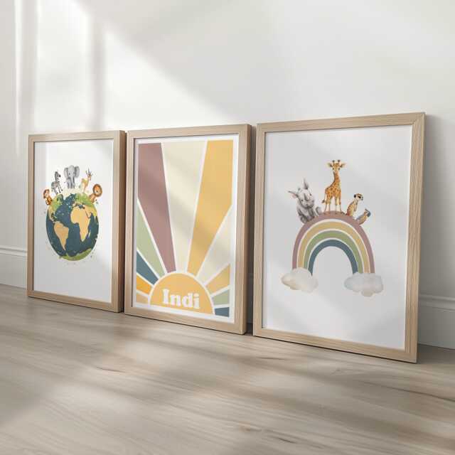 Personalised Safari Nursery Wall Prints, Set Of 3 Custom Name Boys Bedroom Decor, Kids Room Animal Rainbow World Earth Tone Playroom Posters - image 1