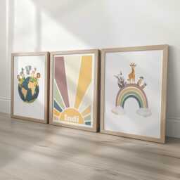 Personalised Safari Nursery Wall Prints, Set Of 3 Custom Name Boys Bedroom Decor, Kids Room Animal Rainbow World Earth Tone Playroom Posters - thumbnail 1