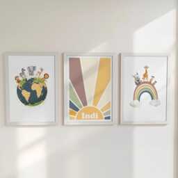 Personalised Safari Nursery Wall Prints, Set Of 3 Custom Name Boys Bedroom Decor, Kids Room Animal Rainbow World Earth Tone Playroom Posters - thumbnail 2