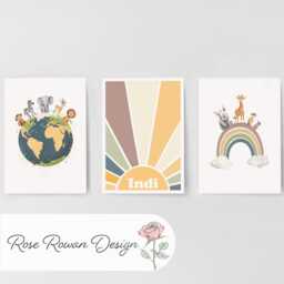 Personalised Safari Nursery Wall Prints, Set Of 3 Custom Name Boys Bedroom Decor, Kids Room Animal Rainbow World Earth Tone Playroom Posters - thumbnail 3