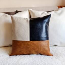 Color Block Pillow Cover Camel Faux Leather & Linen, Modern Scandinavian - 16x16'' - thumbnail 3