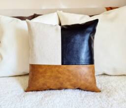 Color Block Pillow Cover Camel Faux Leather & Linen, Modern Scandinavian - 16x16'' - thumbnail 1