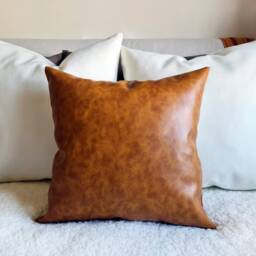 Color Block Pillow Cover Camel Faux Leather & Linen, Modern Scandinavian - 16x16'' - thumbnail 4