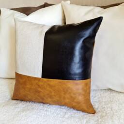 Color Block Pillow Cover Camel Faux Leather & Linen, Modern Scandinavian - 16x16'' - thumbnail 2