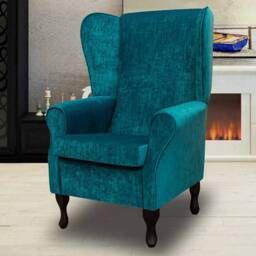 Handmade Teal Velvet High Back Chair Blue Fireside Accent Wing Armchair - thumbnail 3