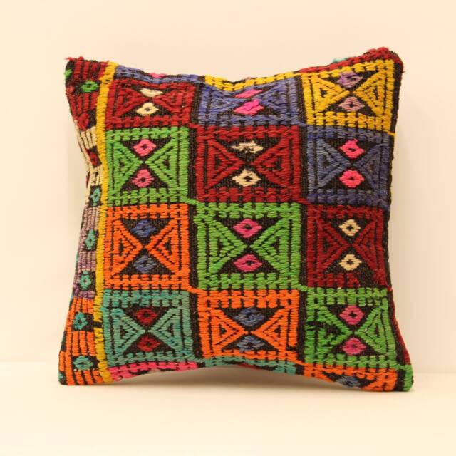 Oushak Kilim Pillow Case Oriental Killim Throw Anatolian Sofa Pillow, Embroidered Look Vintage Turkish Pillow Cover, Cushion 16x16 4Kf-183 - image 1