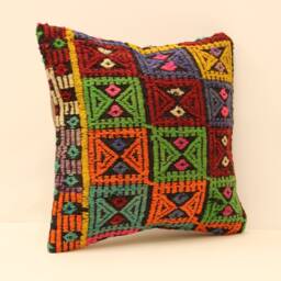 Oushak Kilim Pillow Case Oriental Killim Throw Anatolian Sofa Pillow, Embroidered Look Vintage Turkish Pillow Cover, Cushion 16x16 4Kf-183 - thumbnail 2