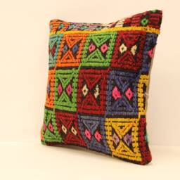 Oushak Kilim Pillow Case Oriental Killim Throw Anatolian Sofa Pillow, Embroidered Look Vintage Turkish Pillow Cover, Cushion 16x16 4Kf-183 - thumbnail 3