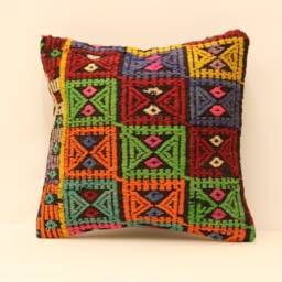 Oushak Kilim Pillow Case Oriental Killim Throw Anatolian Sofa Pillow, Embroidered Look Vintage Turkish Pillow Cover, Cushion 16x16 4Kf-183 - thumbnail 1