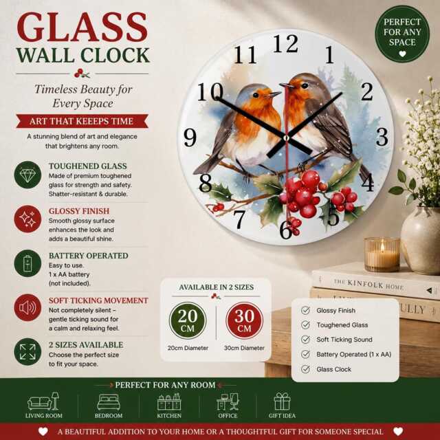 Romantic Robin Wall Clock - Round Glass - Bird Lovers Gift 2 Patterns - image 1