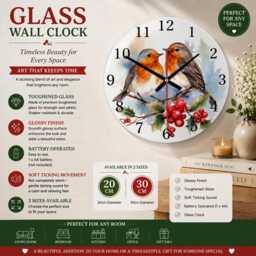 Romantic Robin Wall Clock - Round Glass - Bird Lovers Gift 2 Patterns - thumbnail 1