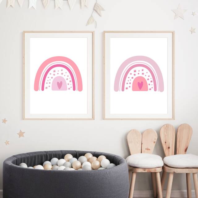 Set Of 2 Pink Rainbow Prints, Girls Nursery Rainbows, Bedroom Wall Prints Baby Girl, Nursery, Gift For Girl Room - image 1