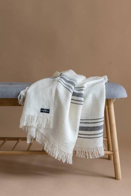 Hamman Towel Or Throw From Washed Linen Cotton Blend With Black Stripes - image 1
