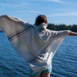 Hamman Towel Or Throw From Washed Linen Cotton Blend With Black Stripes - thumbnail 2