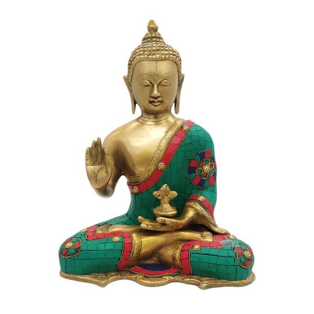 Brass Buddha Sitting Medicine Statue With Stone Work - image 1