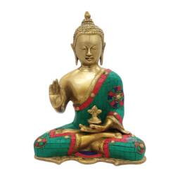 Brass Buddha Sitting Medicine Statue With Stone Work - thumbnail 1