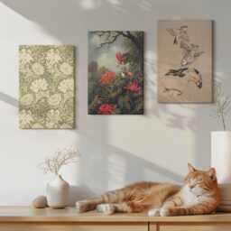 Canvas Set Of 3 Wall Art - Flowers & Birds in Natural Surroundings, Green Picture Print, Plants Hanging Piece - thumbnail 3
