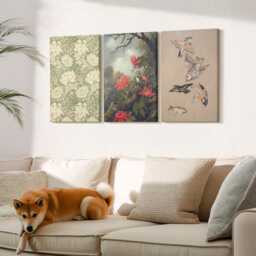 Canvas Set Of 3 Wall Art - Flowers & Birds in Natural Surroundings, Green Picture Print, Plants Hanging Piece - thumbnail 1