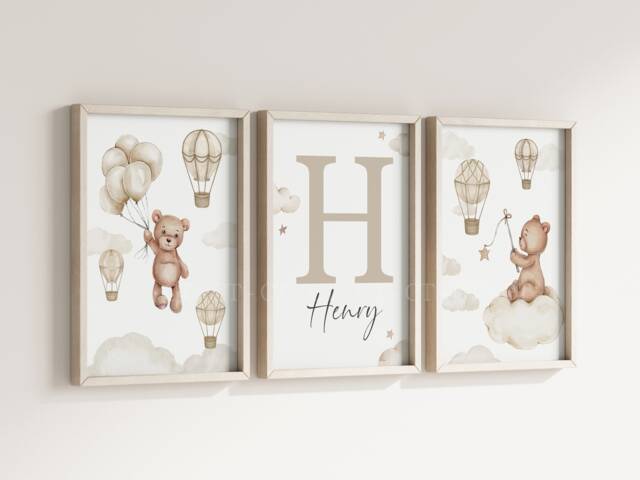 Baby Nursery Teddy Bear Prints - A4 Or A3 Size Stars Cloud Air Balloon Boy Girl Wall Art Gender Unisex Neutral Beige Natural Boho - image 1