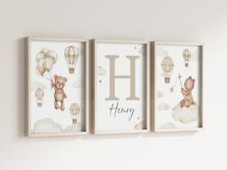 Baby Nursery Teddy Bear Prints - A4 Or A3 Size Stars Cloud Air Balloon Boy Girl Wall Art Gender Unisex Neutral Beige Natural Boho - thumbnail 1