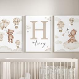 Baby Nursery Teddy Bear Prints - A4 Or A3 Size Stars Cloud Air Balloon Boy Girl Wall Art Gender Unisex Neutral Beige Natural Boho - thumbnail 3