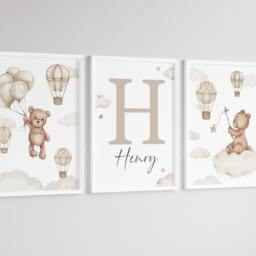 Baby Nursery Teddy Bear Prints - A4 Or A3 Size Stars Cloud Air Balloon Boy Girl Wall Art Gender Unisex Neutral Beige Natural Boho - thumbnail 2