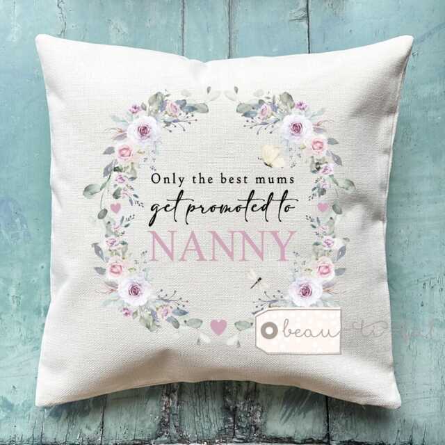Personalised Only The Best Mums Get Promoted To Nanny Grandma Mom Mam Gift Lilac Floral Linen Style Cushion Mother's Day Pregnancy Reveal - image 1