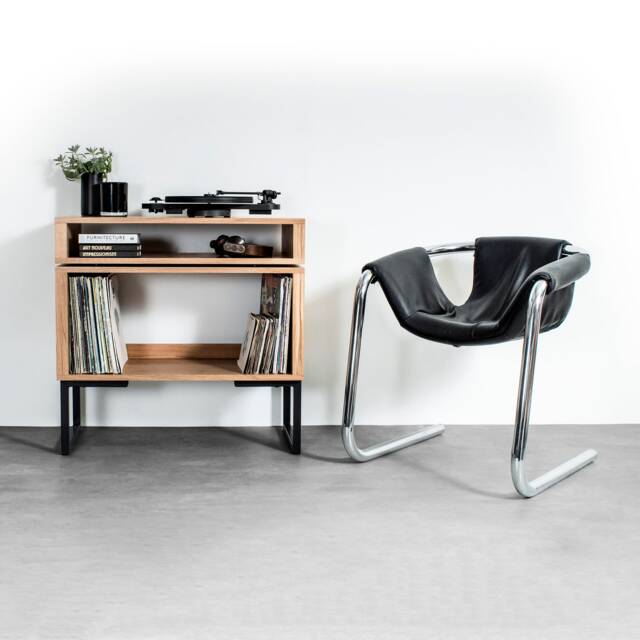 "Solid Premium Oak Record Player Stand With Vinyl Storage On Square Frame Legs, ""Low Stack Minimalist Stand" - image 1