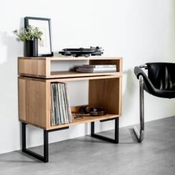 "Solid Premium Oak Record Player Stand With Vinyl Storage On Square Frame Legs, ""Low Stack Minimalist Stand" - thumbnail 2