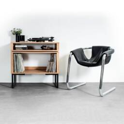 "Solid Premium Oak Record Player Stand With Vinyl Storage On Square Frame Legs, ""Low Stack Minimalist Stand" - thumbnail 1