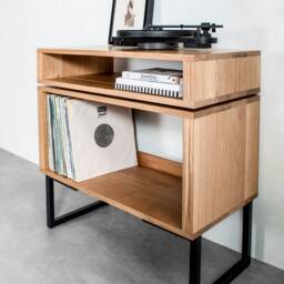 "Solid Premium Oak Record Player Stand With Vinyl Storage On Square Frame Legs, ""Low Stack Minimalist Stand" - thumbnail 3