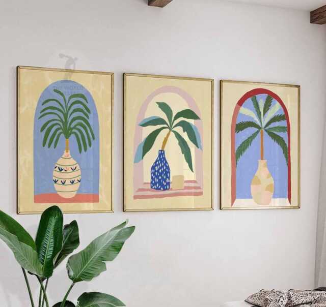 Set Of 3 Palm Tree Posters, Tropical Vase Wall Art, Boho Arch Botanical Prints, Colorful Leaf Decor, Mediterranean Plant Illustration - image 1