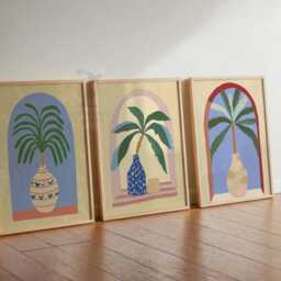 Set Of 3 Palm Tree Posters, Tropical Vase Wall Art, Boho Arch Botanical Prints, Colorful Leaf Decor, Mediterranean Plant Illustration - thumbnail 2