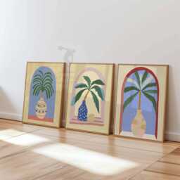 Set Of 3 Palm Tree Posters, Tropical Vase Wall Art, Boho Arch Botanical Prints, Colorful Leaf Decor, Mediterranean Plant Illustration - thumbnail 3