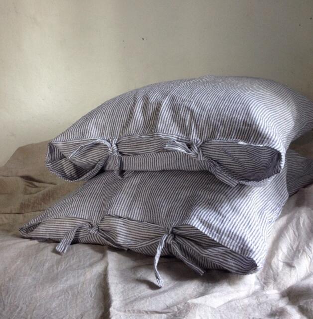 Striped Linen Pillowcases, Set Of Two Pillowcases With Thin White & Blue Stripes, Sham, Queen, King, Standard By Linenbee - image 1