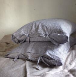 Striped Linen Pillowcases, Set Of Two Pillowcases With Thin White & Blue Stripes, Sham, Queen, King, Standard By Linenbee - thumbnail 1